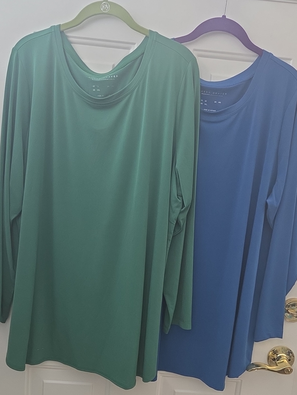 Susan Graver Long Sleeve Crewneck Top in Green and Blue